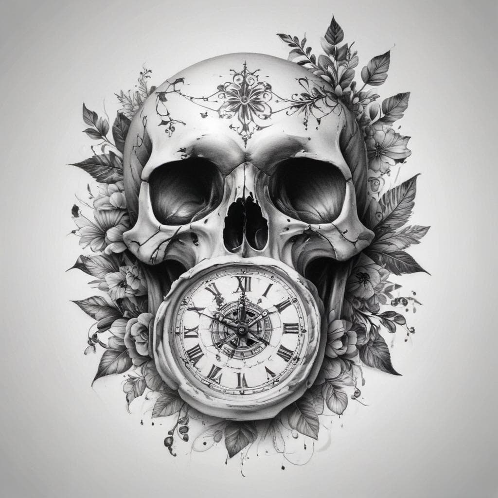 Diseño de tatuaje con calavera y reloj